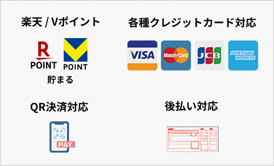 楽天,Tポイント,各種クレジットカード対応,QR決済対応,後払い対応