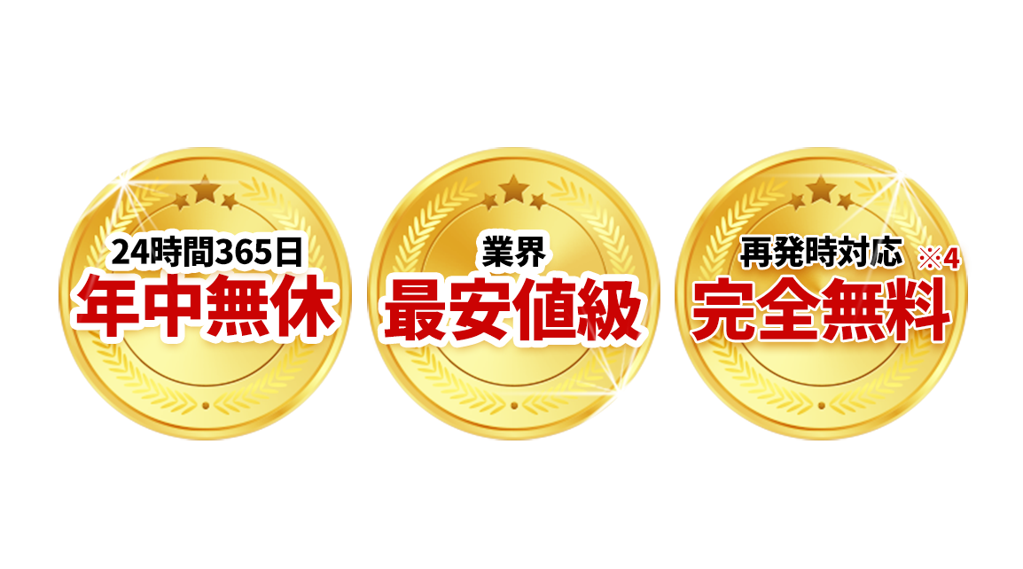 24時間365日年中無休,業界最安値級,再発時対応完全無料